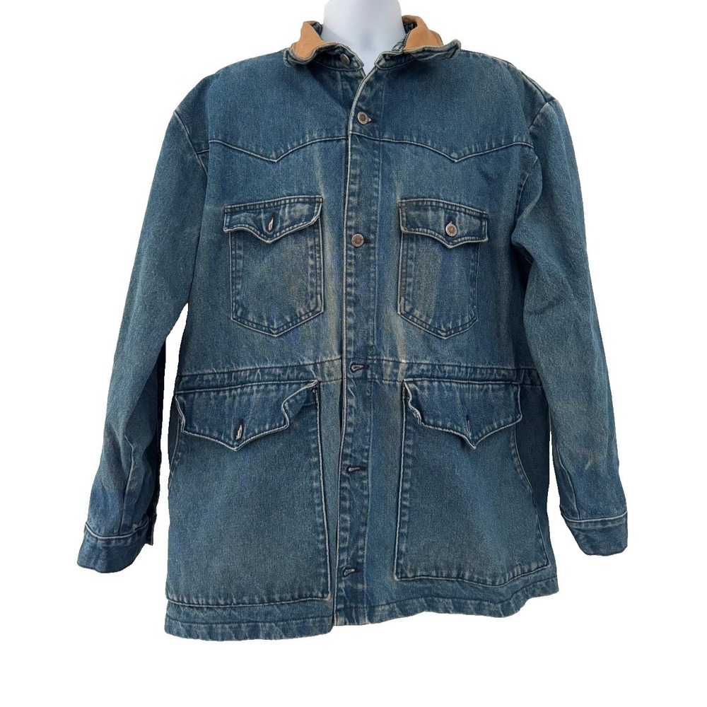 Vintage Schaefer Outfitter Denim Jacket Mens Large Barn Coat Leather Collar USA